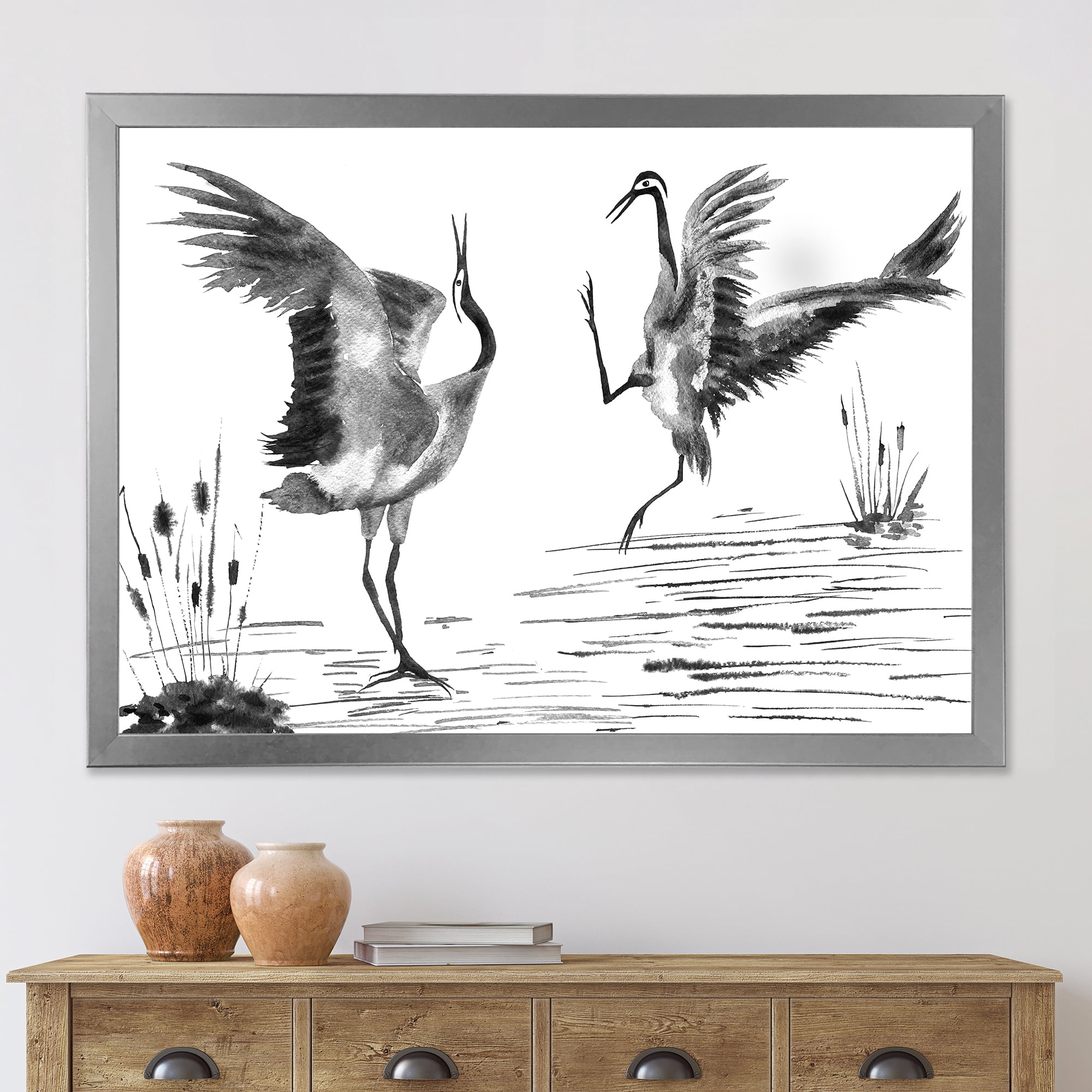 Designart 'Monochrome Two Enamored Japanese Cranes Birds' Traditional Framed Art Print