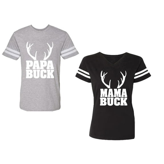 Papa Mama Buck Unisex Couple Matching Cotton Jersey style T-Shirt Contrasting stripes on sleeves (Men Heather / Women Black) (Men S / Women S)