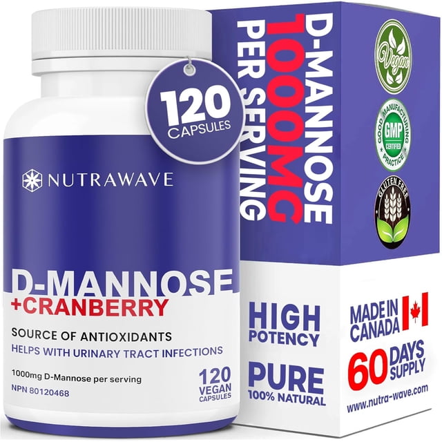 Nutrawave D-Mannose With Cranberry 1000mg – Urinary Tract & Bladder Health – 120 Capsules. The image features a bottle with a blue and white label, highlighting 1000mg per serving and 120 vegan capsules. The packaging promotes urinary tract health, antioxidant support, and a clean, natural formulation. Certifications like vegan, gluten-free, and GMP-certified are visible, along with a 'Made in Canada' label and a 60-day supply note.