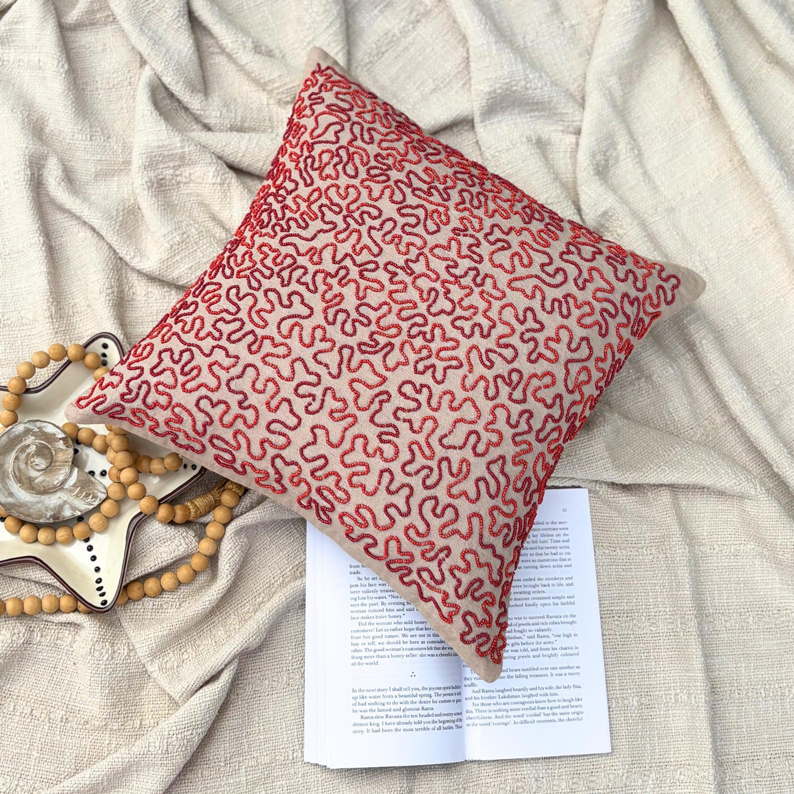 The HomeCentric Pillow Cover Mocha Pillow Covers Pack of 2 16x16 inch (40x40 cm) Linen Decorative Pillow Case&nbsp;Cover Sea Creatures Sea Weeds Coral Beaded Beach Style Throw Pillows - Blooming Maze
