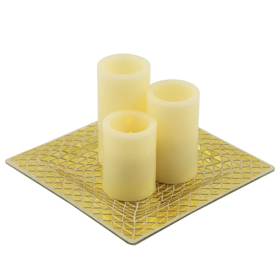 HomeRoots Set Of Three Gold Flameless Pillar Candles With Holder