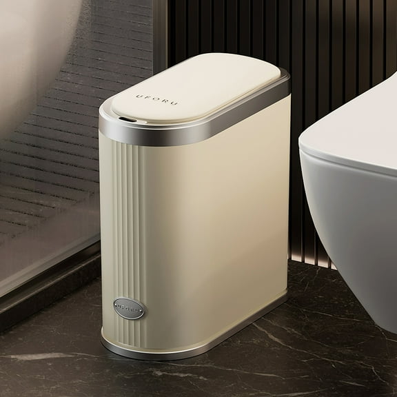 UFORU Automatic Motion Sensor Trash Can, 3.2 Gallon Plastic Slim Bathroom Trash Bin with Lid, Beige