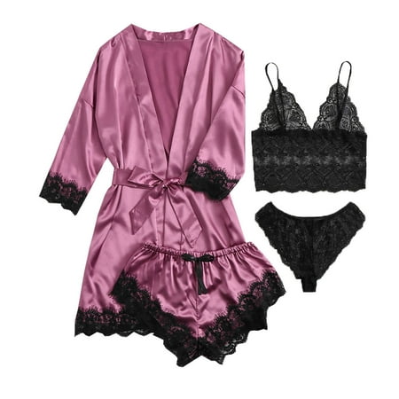 Dezsed Women s Satin Pajama Set 4pcs Lace Trim Cami Lingerie Sleepwear with Robe Clearance Women Wireless Bra Camisole Shorts Pajamas Robe Four Piece Set Purple XXL
