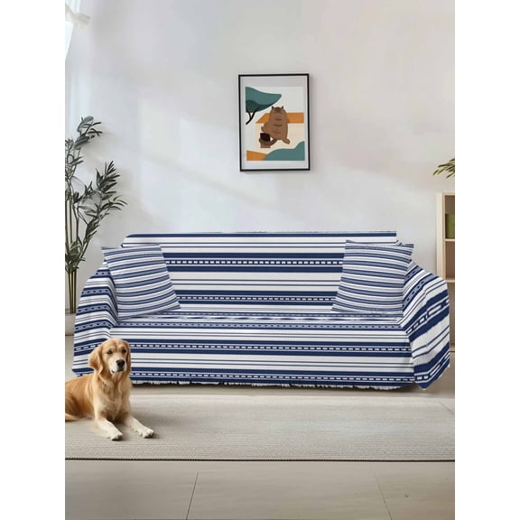 Navy Blue Striped Couch Cover for 2 Cushion Sofa, Farmhouse Striped Geometric Art Washable Loveseat Sofa Covers Slipcover for Sectional Sofas L-Shaped, Couch Throw Cover 71"x118"