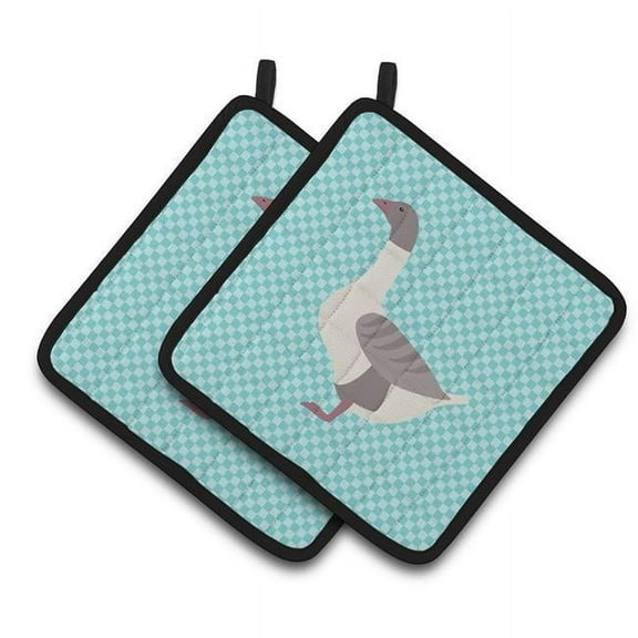 Caroline's Treasures Buff Grey Back Goose Blue Check Pair of Pot Holders