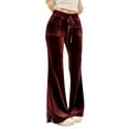 thumbnail image 4 of Women's Velvet Flare Pants, High Waist Drawstring Wide Leg Pants, Soft Casual Lounge Pants with Side Pockets for Daily Wear, Loungewear and Relaxed Outfits Wine M, 4 of 7