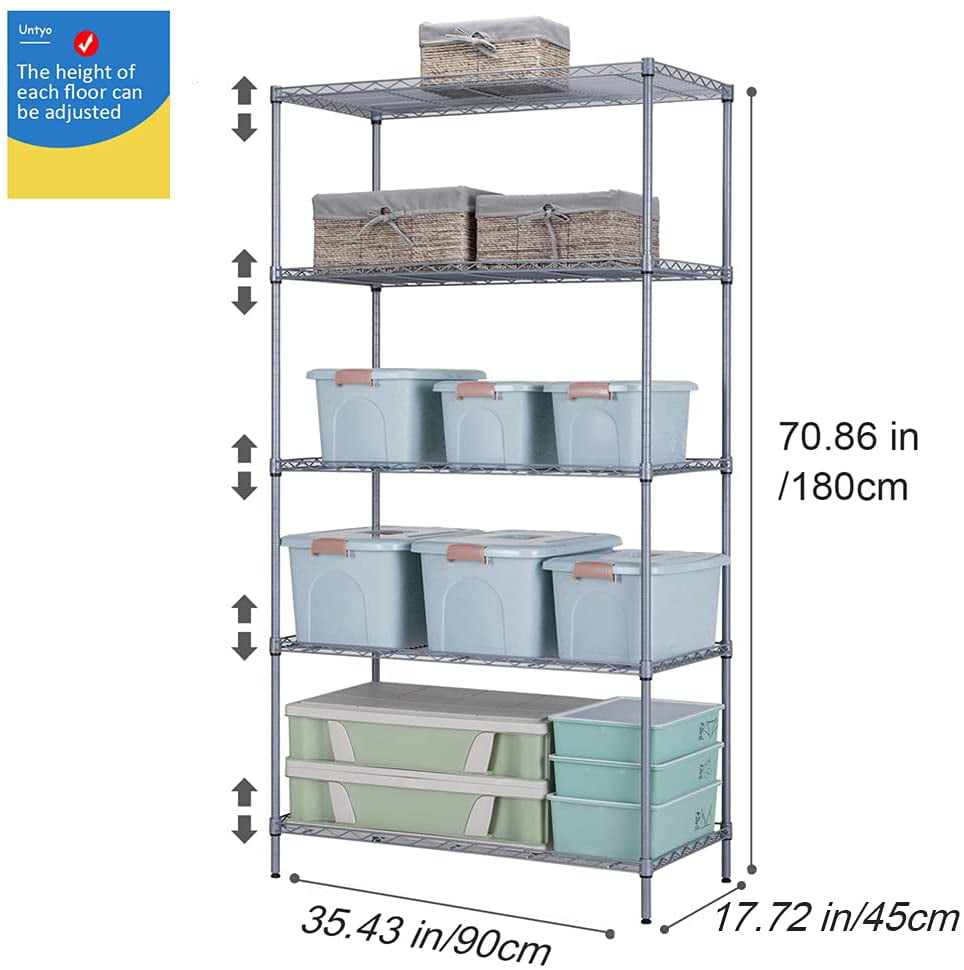 Silver, 35.43X15.75X70.86 in 5 Tier Shelving Unit Adjustable Heavy Duty Shelf Storage Rack Wire Shelves Metal for Pantry Closet Kitchen Laundry 35.43 Lx 13.77 W x70.86 H