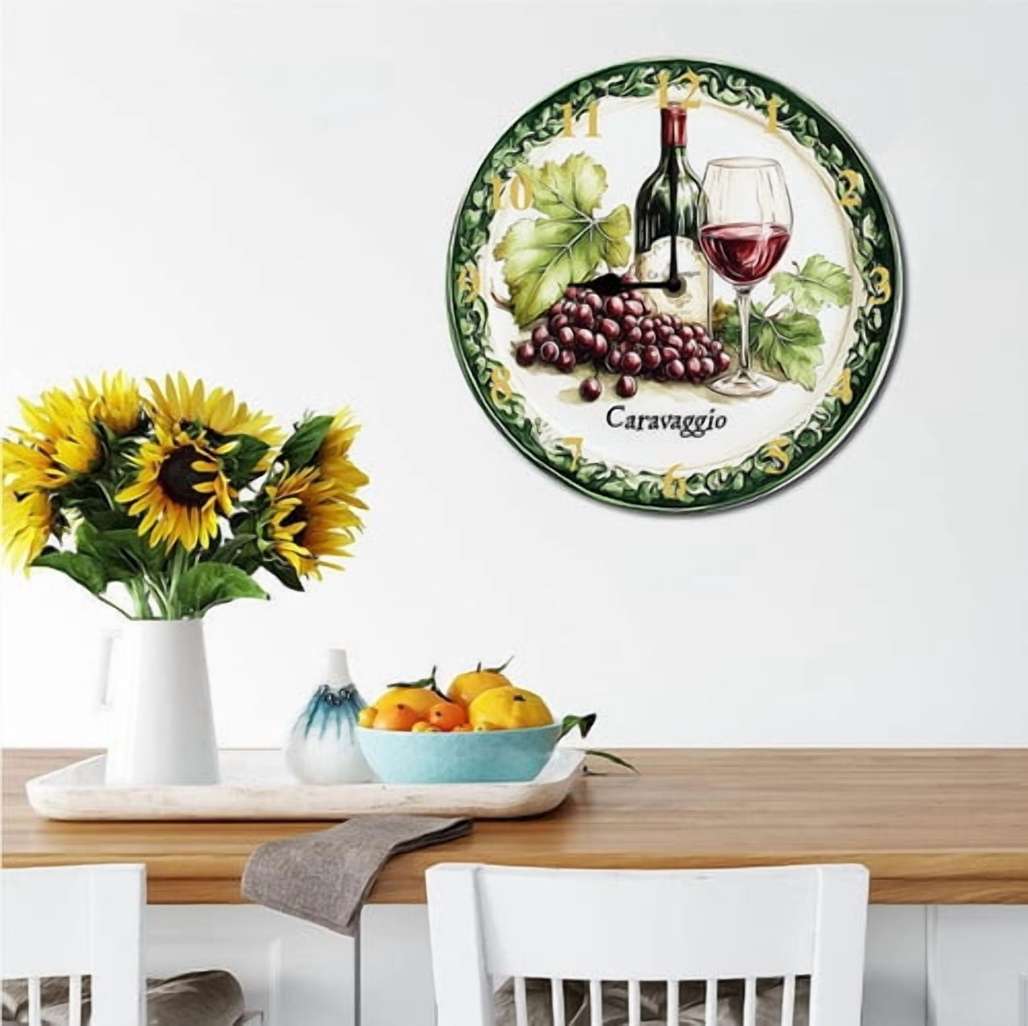 Eveokoki Wall Clock Wine Grape Wood Battery Operated Silent Non-Ticking Clock Decorative for Home Kitchen Living Room Office Bathroom Bedroom 10 Inch