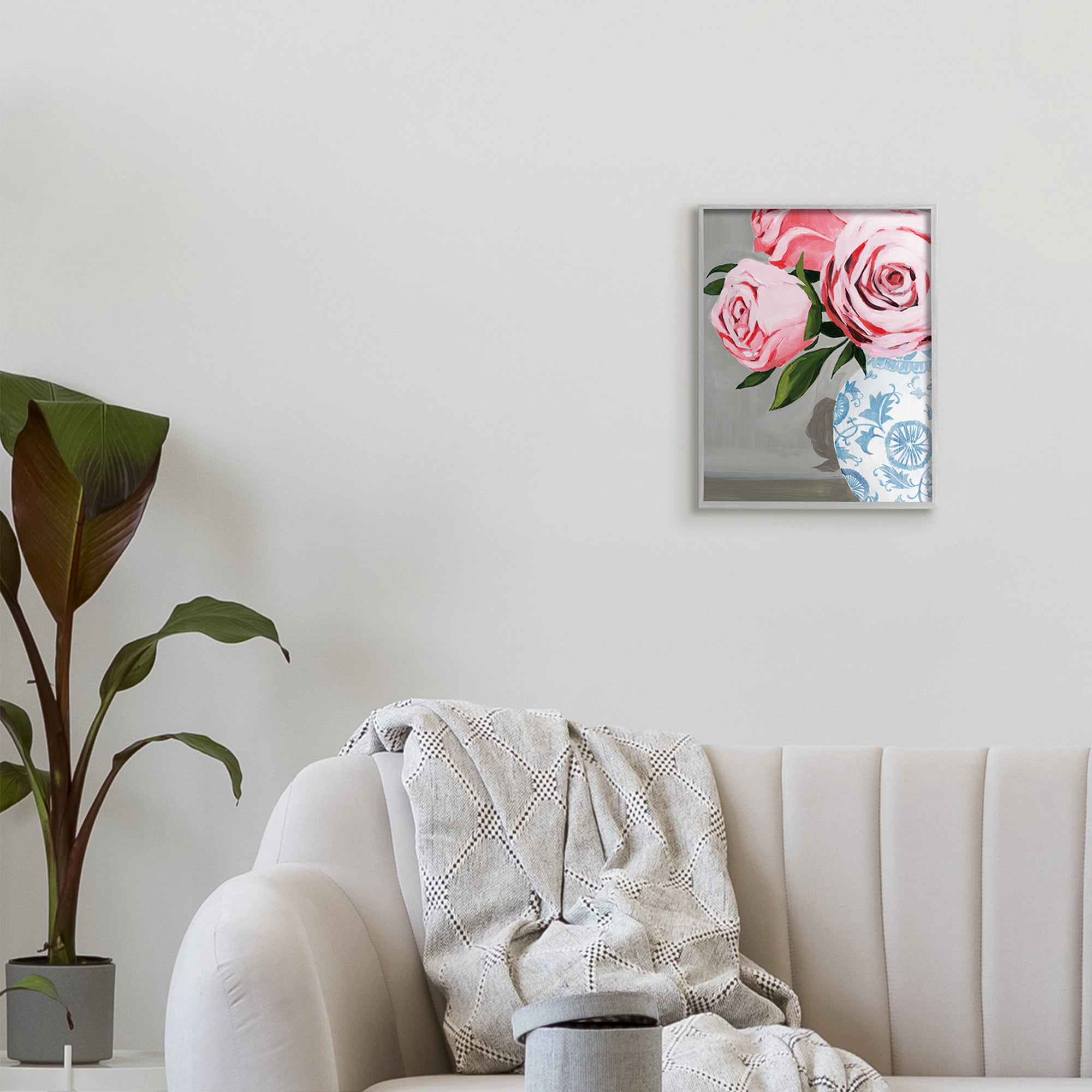 Stupell Industries Blossoming Pink Roses in Ornate Blue Vase,11 x 14,Designed by Grace Popp