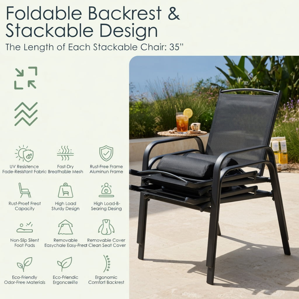 Hommoo 3-Piece Outdoor Bistro Set, Stackable Steel Chairs with Adjustable Backrest & Tempered Glass Table for Patio, Balcony, Porch, Black