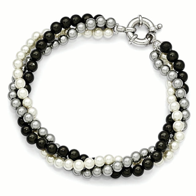 Sterling S Majestik Rh-pl 3 Row 4-5mm Wht/Grey/Blk Imitat Shell Pearl Brace 7.5 Inch "Bracelets