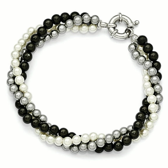 Sterling Silver 3 Row 4-5mm White/Grey/Black Shell Bead Bracelet