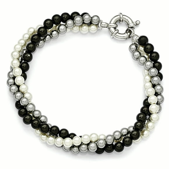 Sterling S Majestik Rh-pl 3 Row 4-5mm Wht/Grey/Blk Imitat Shell Pearl Brace 7.5 Inch "Bracelets
