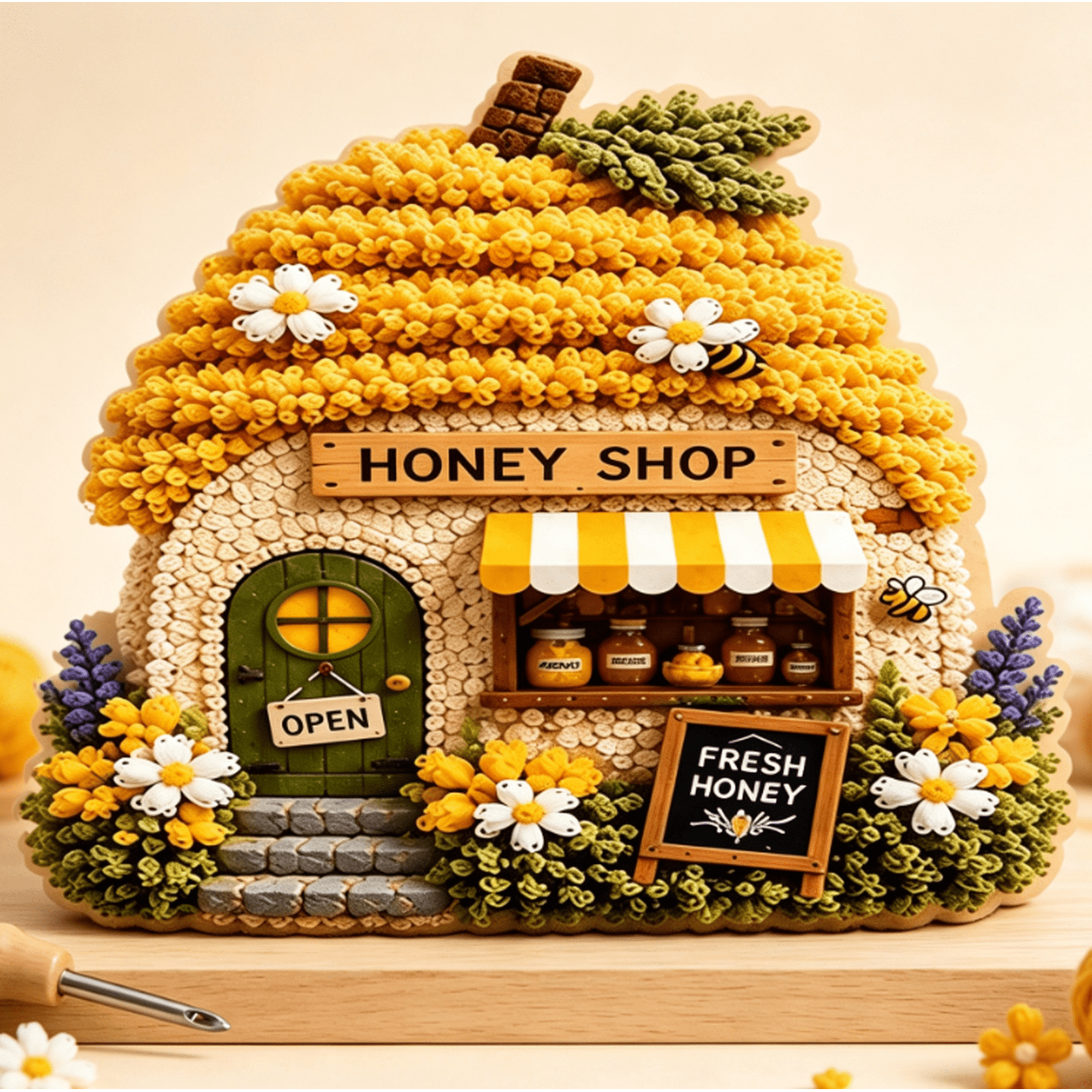 Whimsical Village 3D Fabric Poke Art Kit Complete Bundle Pre-Cut Fabric and Wooden Tool for Instant 3D Textured Art without Sewing Skills (Honey Shop)