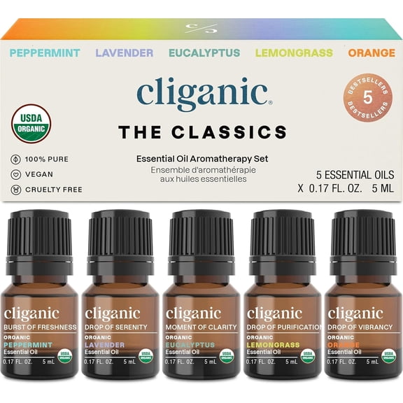Cliganic Organic Essential Oils Set, Pure Diffuser Oils for Aromatherapy and Candle-Making, Top 5 Set