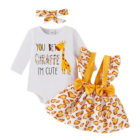 

SYNPOS Newborn Baby Girls Giraffe Long Sleeve Romper Ruffle Suspender Skirt 3PCS Outfits
