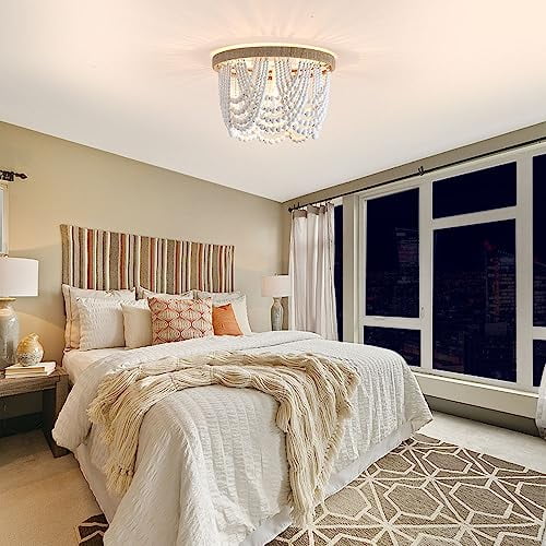 Qwoo Beaded Light Fixture,Boho Wood Beaded Chandelier Light Fixture with - Rope,12.8" White Beaded Flush Mount Ceiling Light for Dining Living Room Nursery Bedroom Kitchen