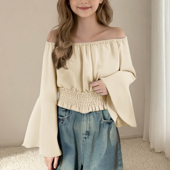 LIaqionyy Off Shoulder Crop Tops for Girls Puff Long Sleeve Ruffle Shirts Blouses Summer Casual Fashion Shirt