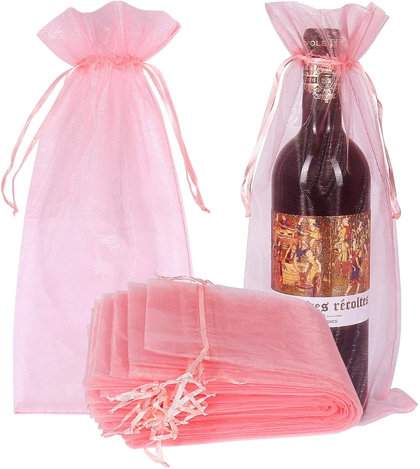 30pcs Organza Wine Bags Pink, Sheer Mesh Bottle Gift Pouches Wine