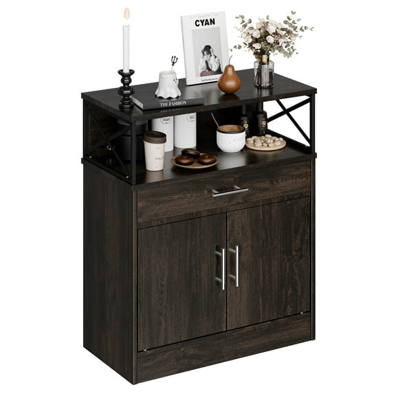 Walsunny Coffee Bar Cabinet with Hutch Small Places Sideboards Buffets Table 31.5" with Drawer Adjustable Shelf Farmhouse Wooden Storage Cabinet for Kitchen Dining Room Entryway Brown