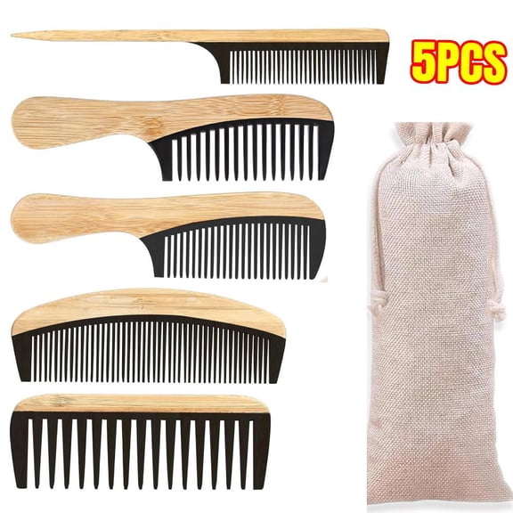 5-Piece Natural Bamboo Wooden Tail Hair Combs Set - Anti-Static, Hair Care, Professional Barber Styling Tools