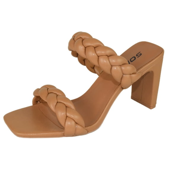 Soda Shoes Women Block High Heel Sandals Braided Band Square Toe FOUND-S Light Brown Tan Camel 5.5