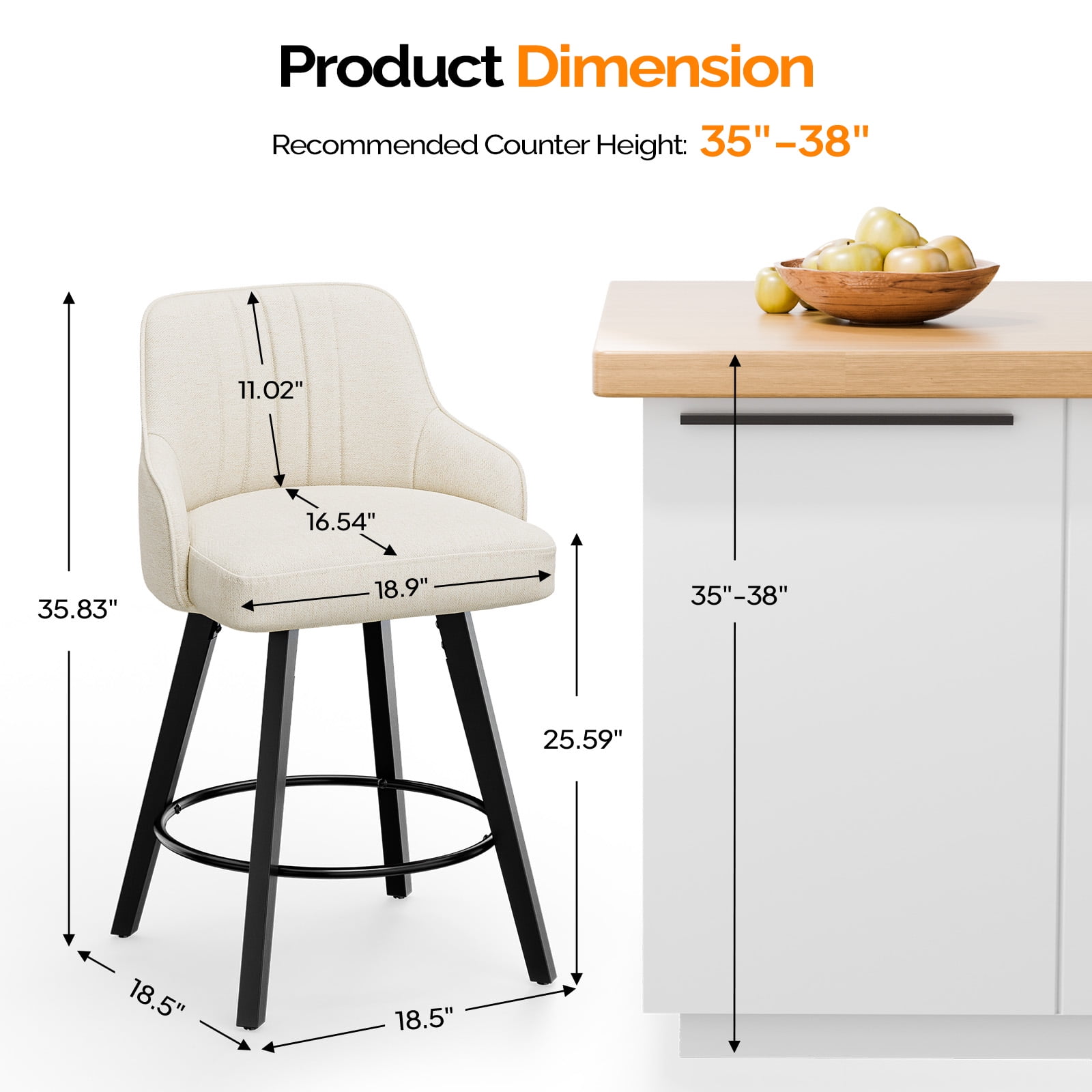 Ktaxon Swivel Bar Stools, 35" Counter Height Adjustable Fabric Bar Stools for Kitchen Island, Modern Beige, 1 PCS