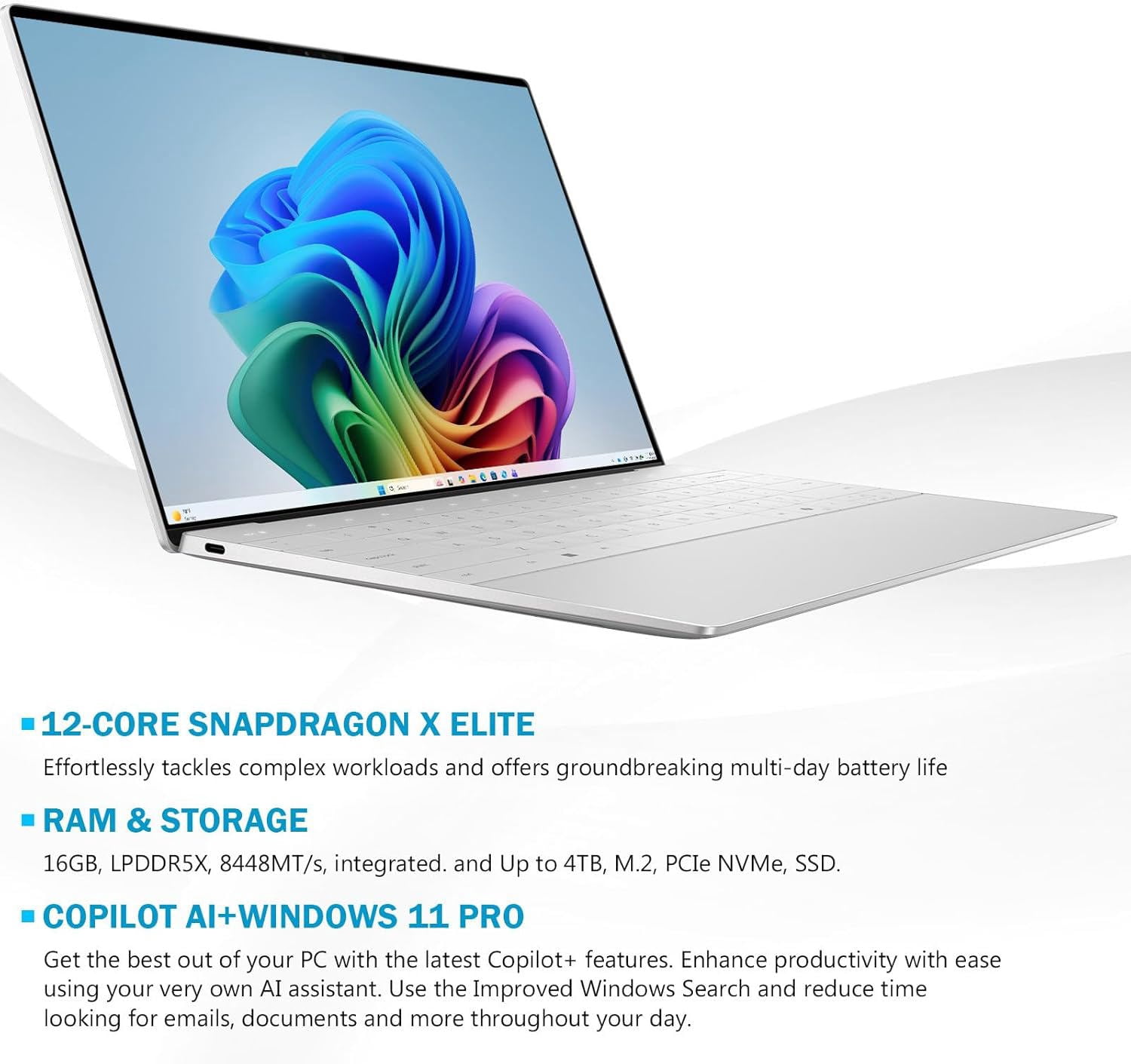 Dell XPS 13 9345 Laptop, 13.4" FHD+ Business Laptops, Snapdragon X Elite, 16GB LPDDR5X RAM, 512GB SSD, Wi-Fi 7, Backlit KB, Fingerprint, Copilot AI Laptops, Windows 11 Pro, Platinum