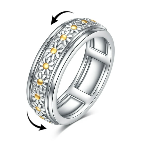Sterling Silver Daisy Flower Anxiety Spinner Rings Rotatable Mood Rings for Women Relieve Stress Gift(7 Size)