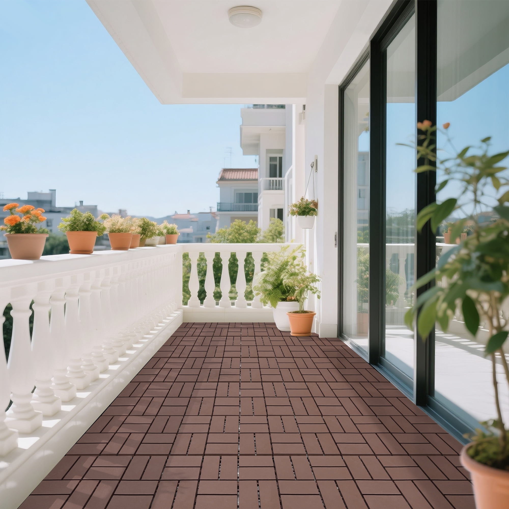 44 Pack Plastic Interlocking Deck Tiles,12"x12" Waterproof Indoor/Outdoor Floor Tiles,All-Weather Patio Floor Decking Tiles for Garden,Lawn,Porch,Poolside,Balcony,Checker Style,Brown