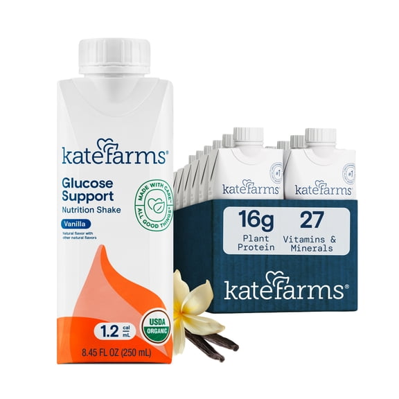 Kate Farms Organic 1.2 Glucose Support Shake, Vanilla, 16g Protein, 8.45 fl oz (12 Pack)