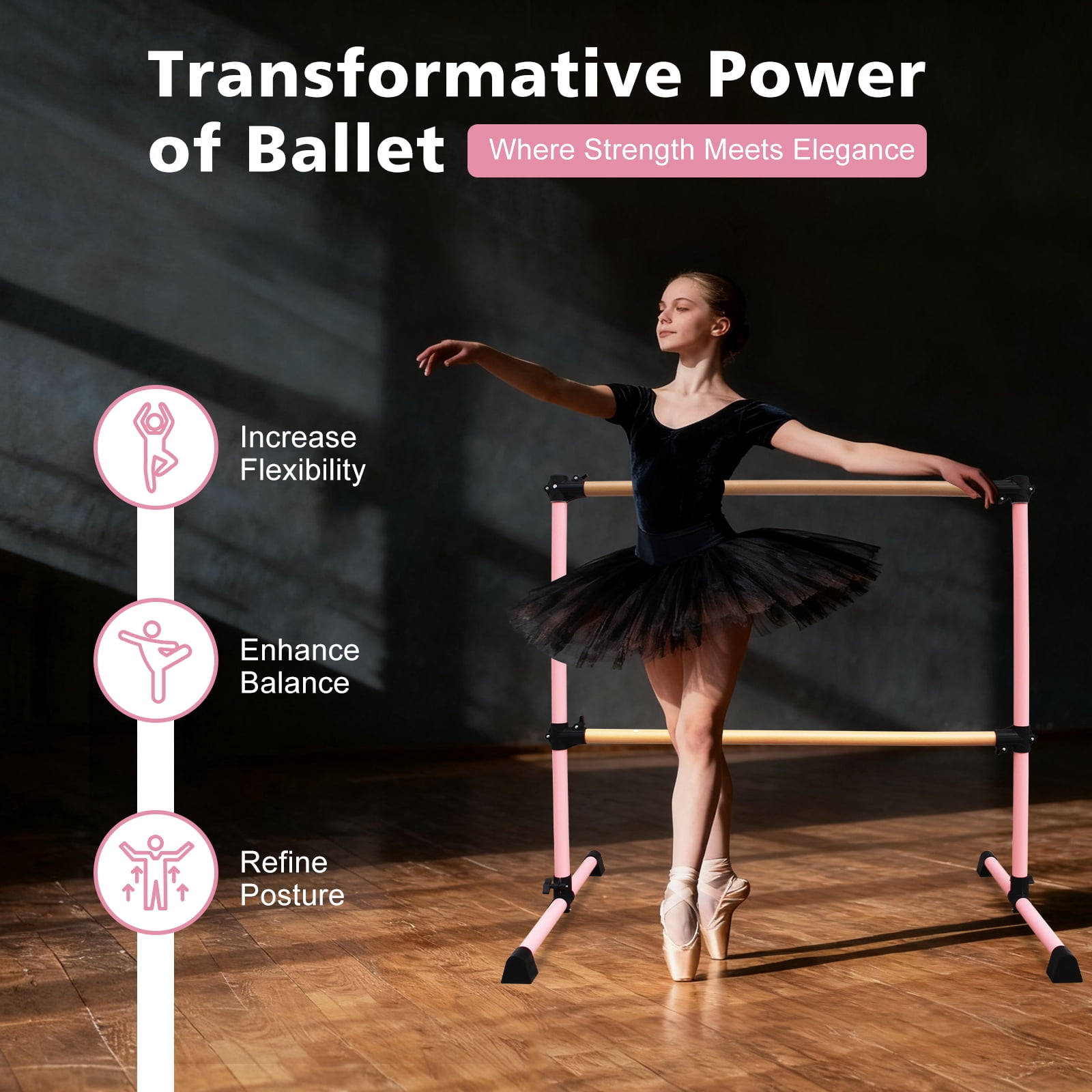 Solid Wood Ballet Barre 4FT with Adjustable Height 6.7-46 Inches, Professional Dance Practice Barre with Rotatable Base for Home, Studio, Adjustable, Pink