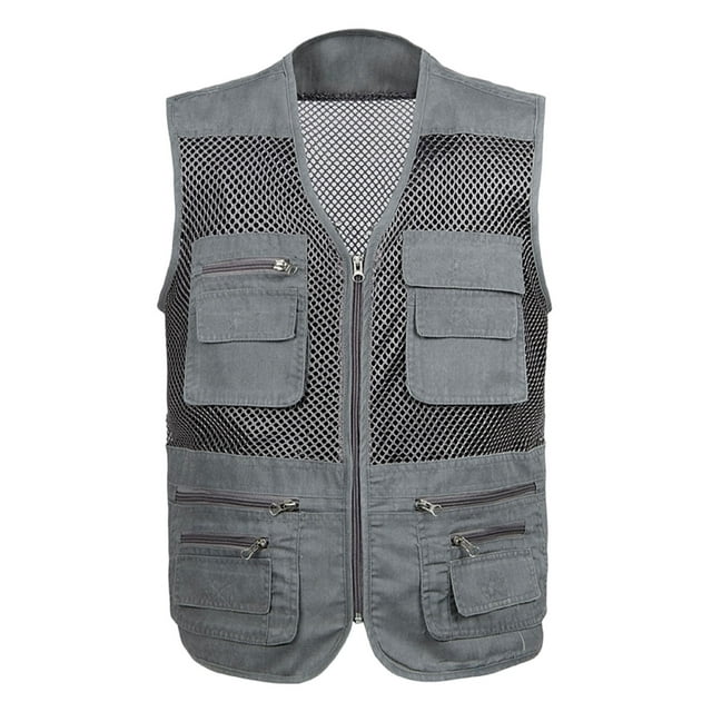 aohooy Men's Mesh Work Vest - Summer Breathable Zip Multi Pockets Outdoor Hiking 2025 Gray,XXXXXL