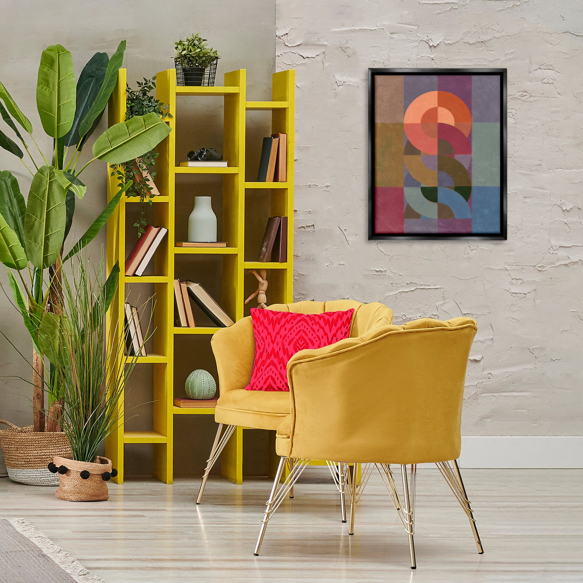 Stupell Industries Retro Interlocking Circles Abstract Painting Black Floater Framed Canvas Art Print Wall Art, 17 x 21