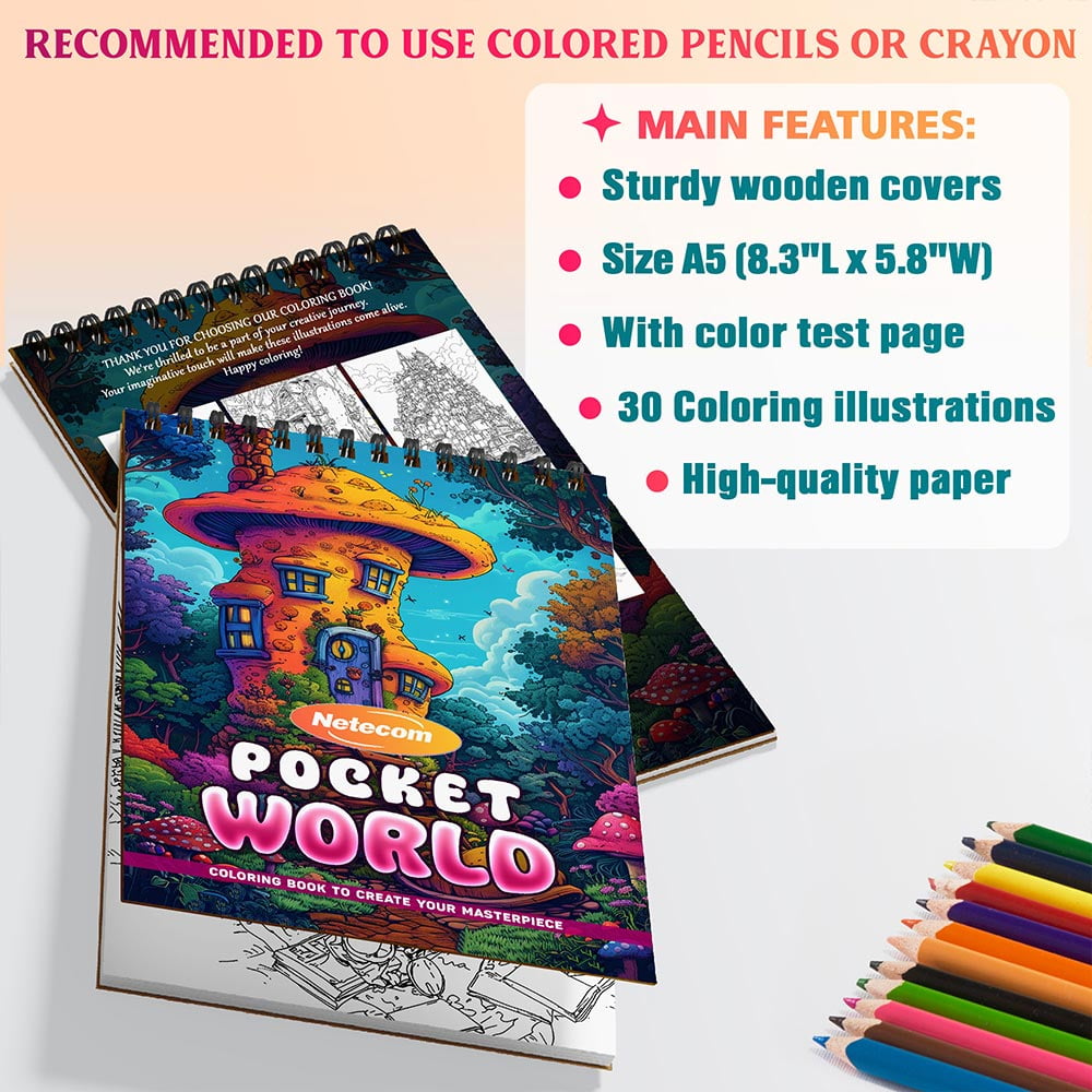 Netecom Pocket World Coloring Book Spiral Bound For Adults, A5 Wooden Cover, 30 Beautiful Coloring Pages of Miniature Landscapes for Stress Relief and Relaxation