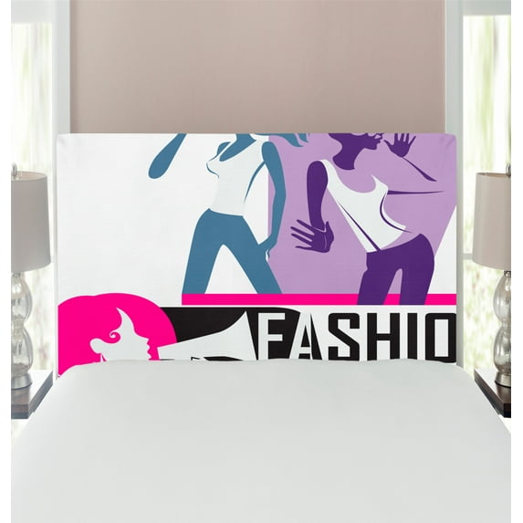 Feminine Headboard, Composition of Girls Yelling into Megaphone Modern Fashion Themed Art Print, Upholstered Decorative Metal Bed Headboard with Memory Foam, Twin Size, Purple Black, by Ambesonne