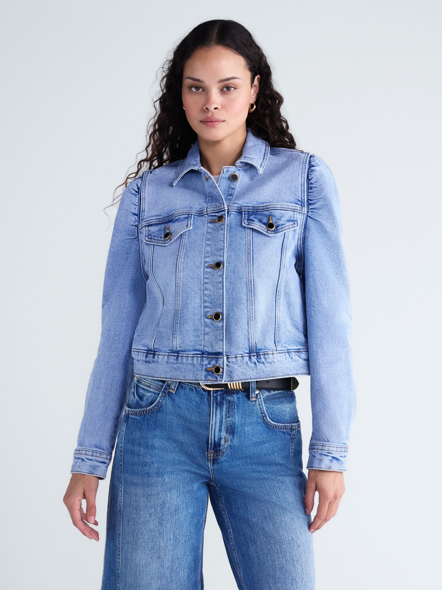 Scoop Women’s Denim Trucker Jacket with Puff Sleeves, Sizes XS-XXL