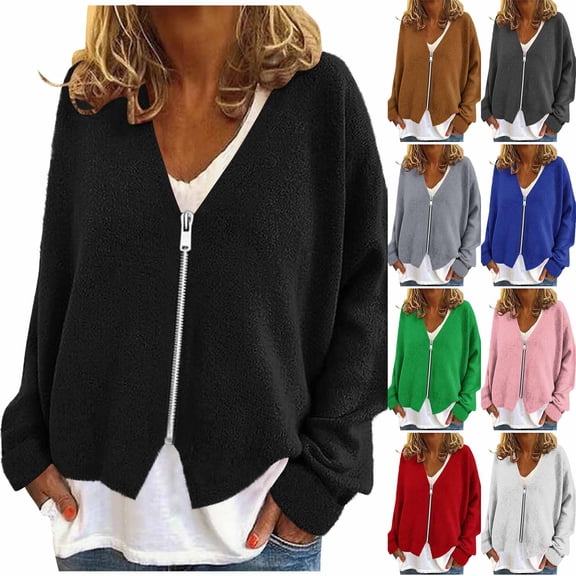 Bovxnpu Womens Flannels Fall Cropped Shacket Jacket Long Sleeve Zip Up Coat Fall Fashion Trendy Outfits Women's Warm Fuzzy Zippered Cardigan Jacket with V Neck and Long Sleeves