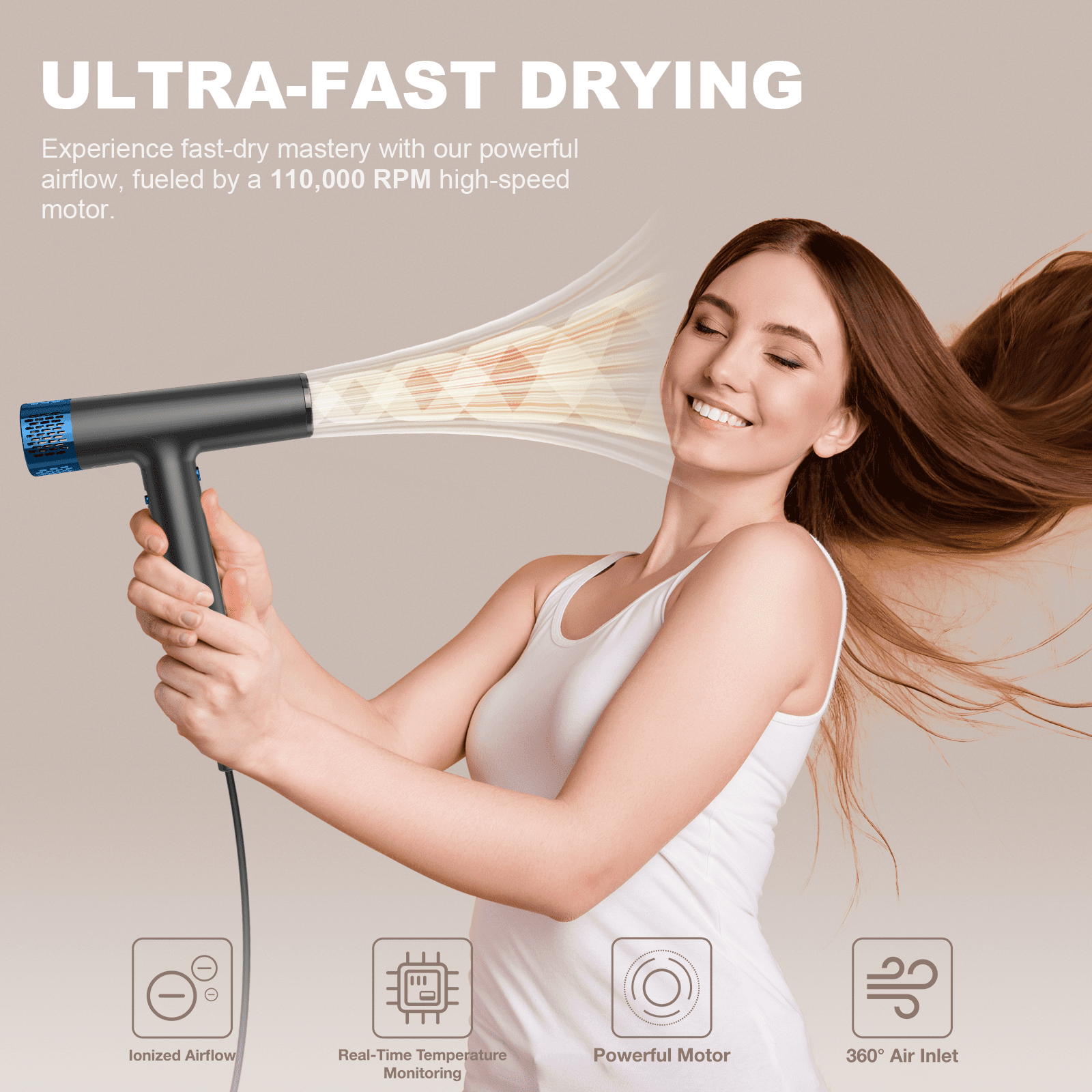 Yapoy Professional Hair Dryer with Diffuser 110, 000 RPM High-Speed 200 Million Ionic, Black