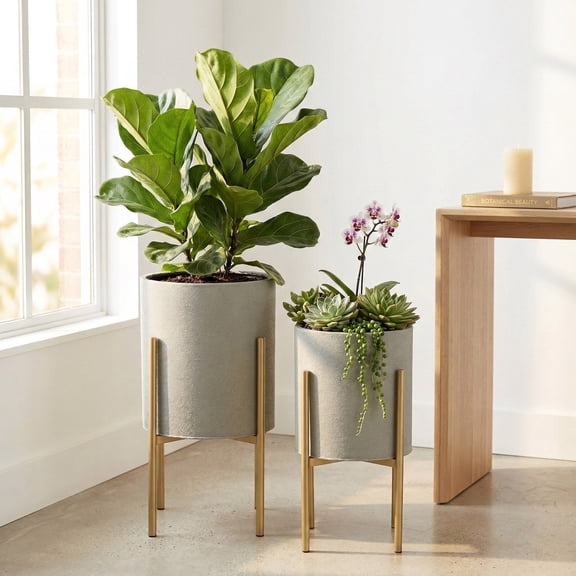 Decorative Flower Pots with Metal Stand for Home Decor - Modern Planters for Hallway, Entryway, and Living Room Decor - Indoor and Outdoor Pots for Plants Styling - Set of 2, 23", 19", Gray & Gold