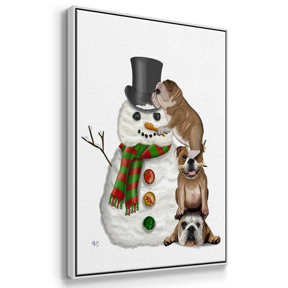 Christmas English Bulldogs Building Snowman - Framed Gallery Wrapped Holiday Canvas - 17 x 25 - White Frame