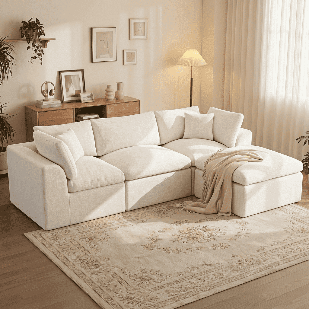 JUDISELEX 108"Modular Sectional Sofa with Ottoman,Cloud Couch L-Shaped Chenille Sofa with Deep Seating,Modern Living Room Furniture for Apartment,Ivory White