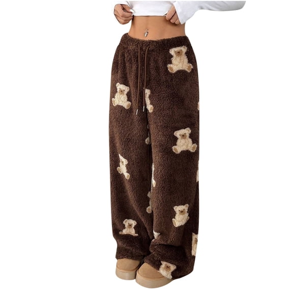 HBGVBA Womens Plush Fleece Pajama Pants,Bear Print Fuzzy Sleep Pant Drawstring Elastic Waist Warm Cozy Wide Leg Loungewear Trousers