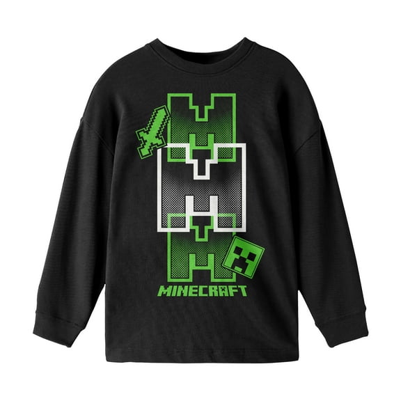 Minecraft Icon Repeated Boy's Black Long Sleeve Shirt-M