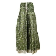 Mogul Women's Maxi Skirt Green Silk Sari Relaxed Smocked Waist Divided Skirt