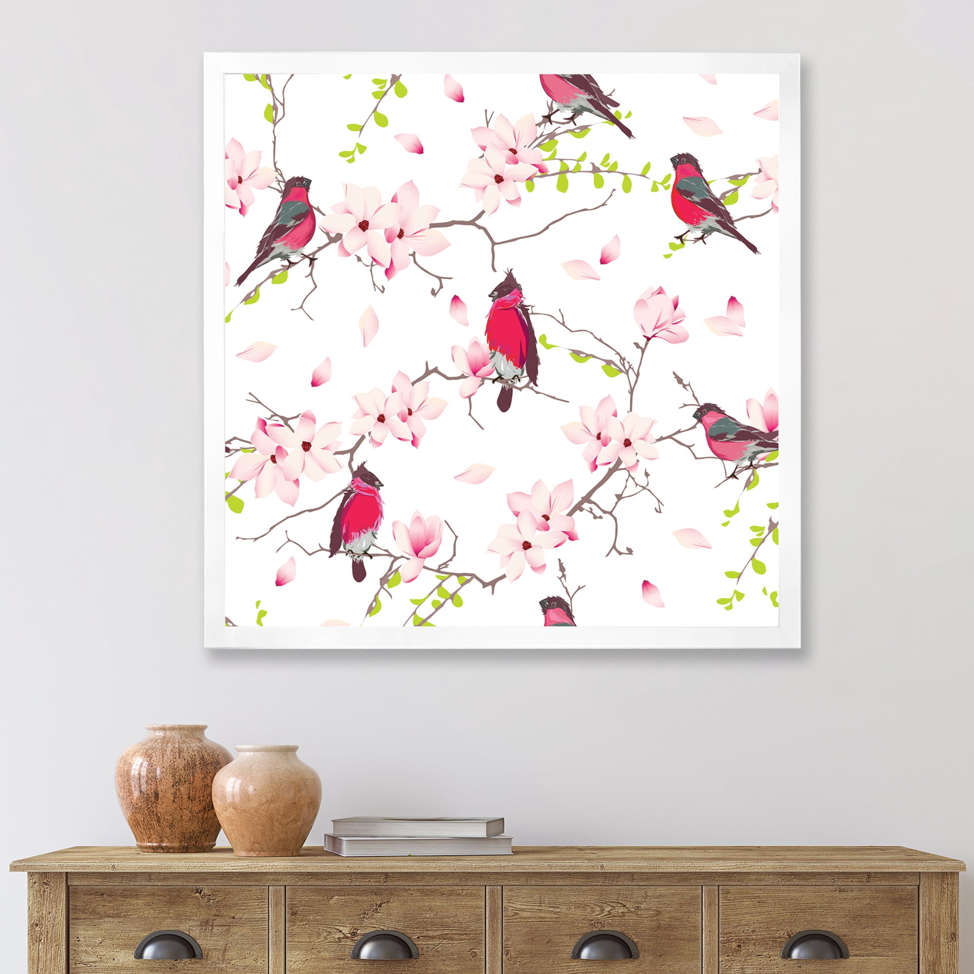 Designart 'Red Bullfinches Sitting On Magnolia Tree' Traditional Framed Art Print