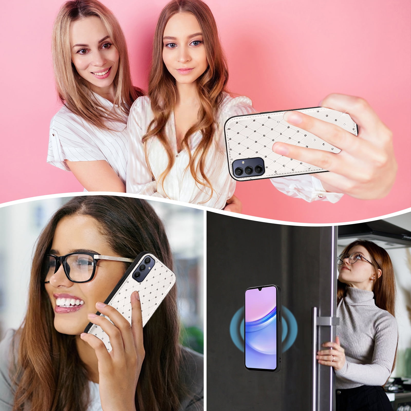 Asuwish Phone Case for Samsung Galaxy A15 5G/4G Zipper Wallet Detachable Cell Cover with Tempered Glass Screen Protector Crossbody Lanyard Strap Bling Glitter Flip Card Holder Slot A 15 G5 15A White