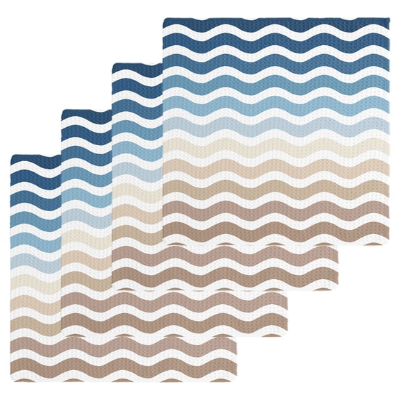 Navy Blue Brown Ombre Moire Kitchen Dish Towels for Drying Dishes Set of 4, Water Ripple Stripe Farmhouse Waffle Weave Microfiber Hand Tea Bathroom Towels Quick Dry & Absorbent Towel 12x12
