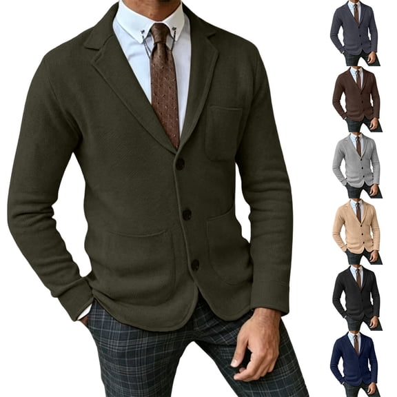 Mens Fall Winter Casual Knit Blazer Suit Jacket, Multi Patch Pockets Slim Business Leisure Notched Lapel Collar Cardigan Sweater Size 3XL Army Green