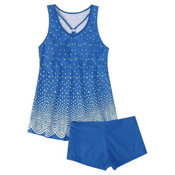 BLTIBY Womens Swimsuits 2 Piece Straps Tankini Swimsuit Round Neck Bathing Suits with Short Tummy Control Printed Swimwear 2025 Blue L